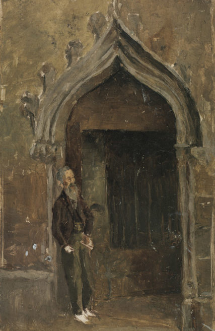 Pablo Picasso Man leaning on a Gothic portal in Barcelona Cathedral Barcelona, 1896 Oil on wood