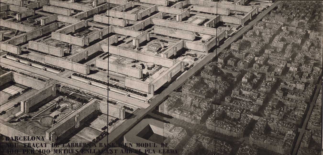 Photo montage integrating the grid of the Eixample of the Cerdà Plan